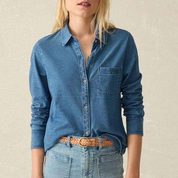 Faherty Sun Washed Knit Women Shirt Small Blue Organic Cotton Button Sustainable - Picture 10 of 10